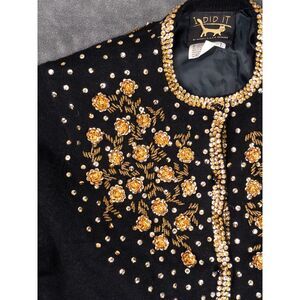 Vintage I Did It L Wool Gold Sequin Beads Short Crop Bolero Lined Sweater Cardi